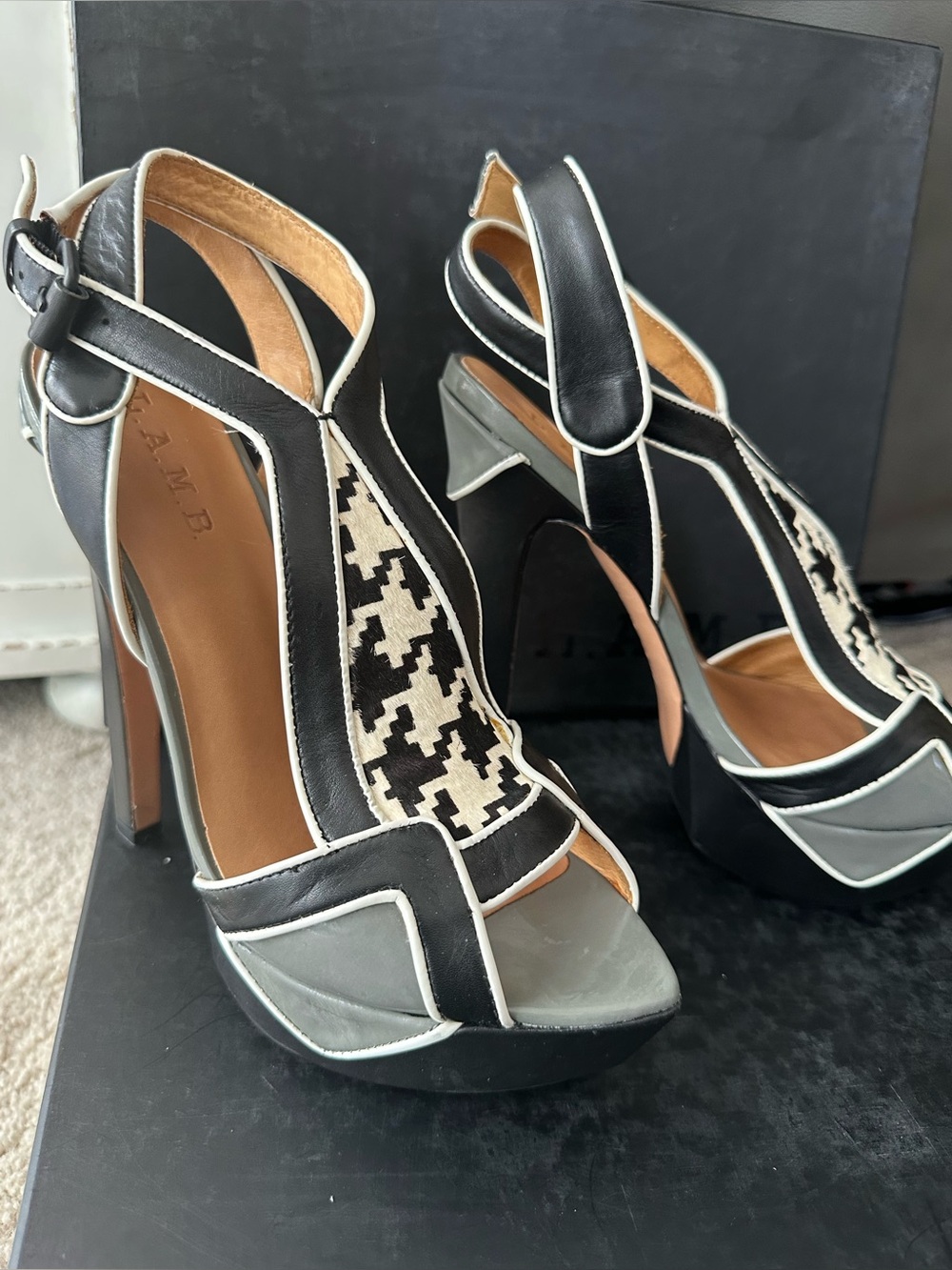 L.A.M.B. Black Gray w/white lining Genuine Leather Platform Heels